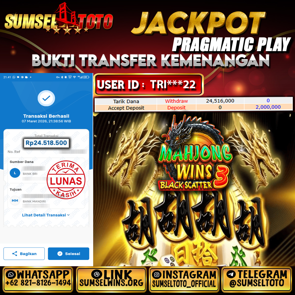 SUMSELTOTO JACKPOT MAHJONG BLACK SCATTER Rp.24,516,000.,- LUNAS